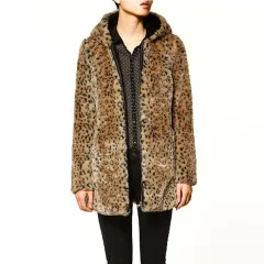 Zipped faux fur loose coat - Brown - View 1