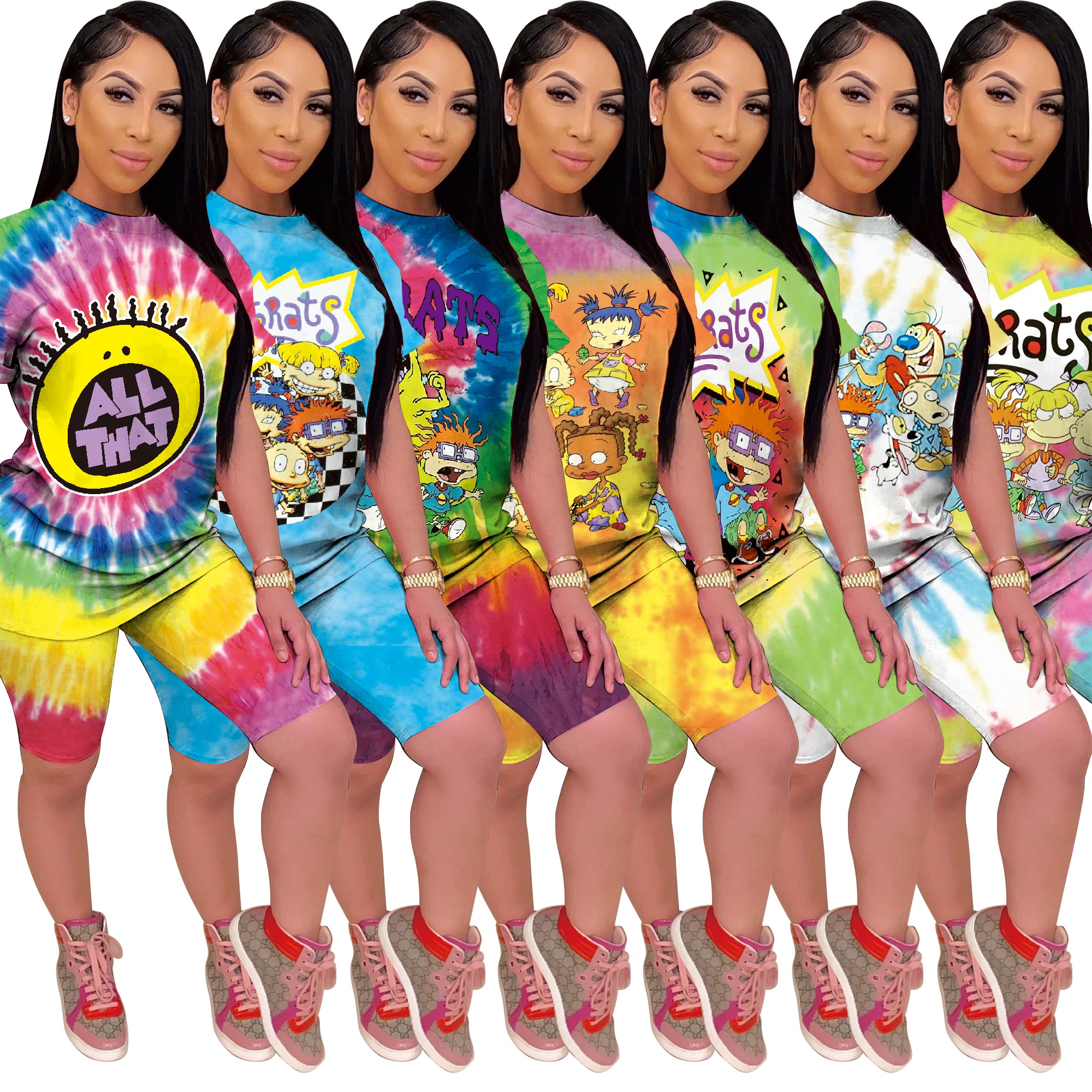 Hot sale shorts two-piece tie-dye sleeve female low price