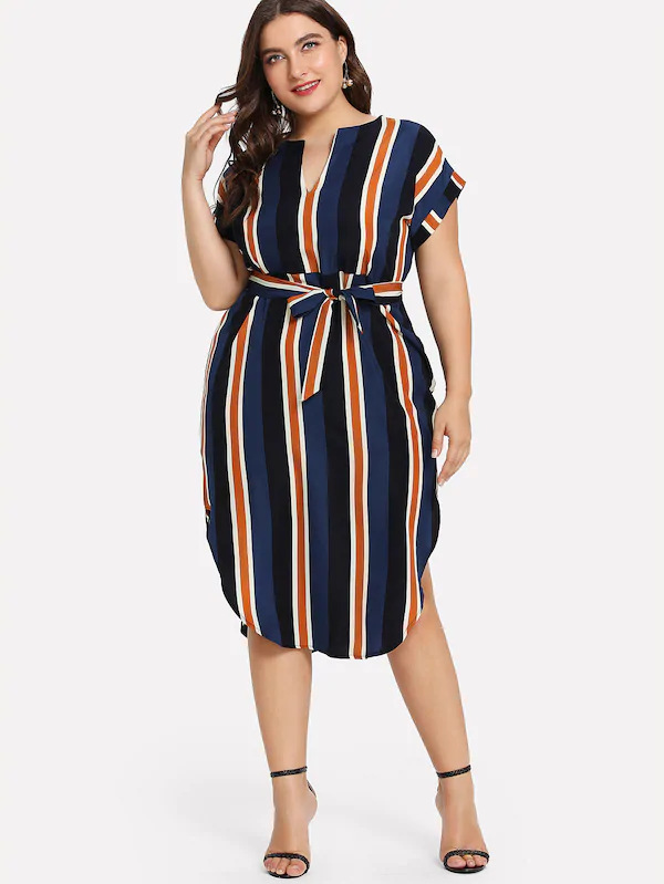 Fat sister's belt stripe slimming V-neck dress