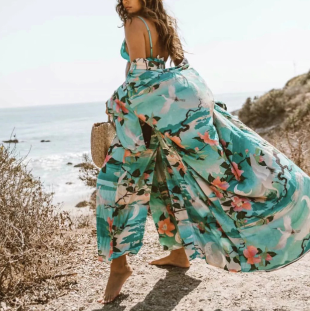 Green Flower Printed belt women's Bohemia V-neck bat sleeve