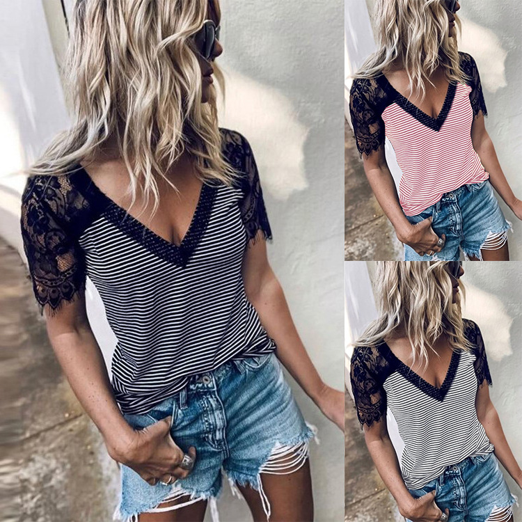 Eyelash lace V-neck stitching striped T-shirt