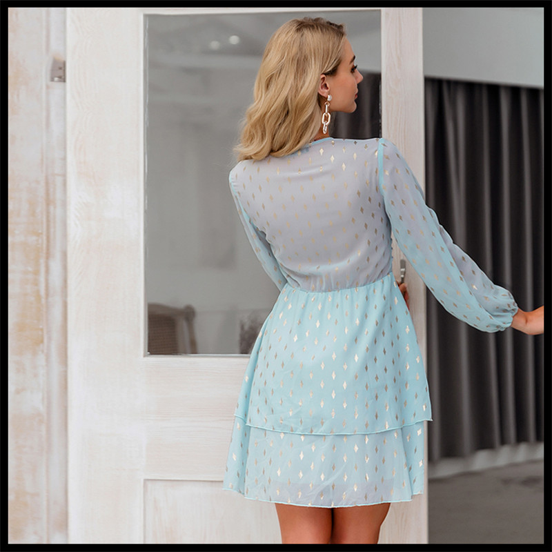 V-neck long sleeve chiffon ruffled dress