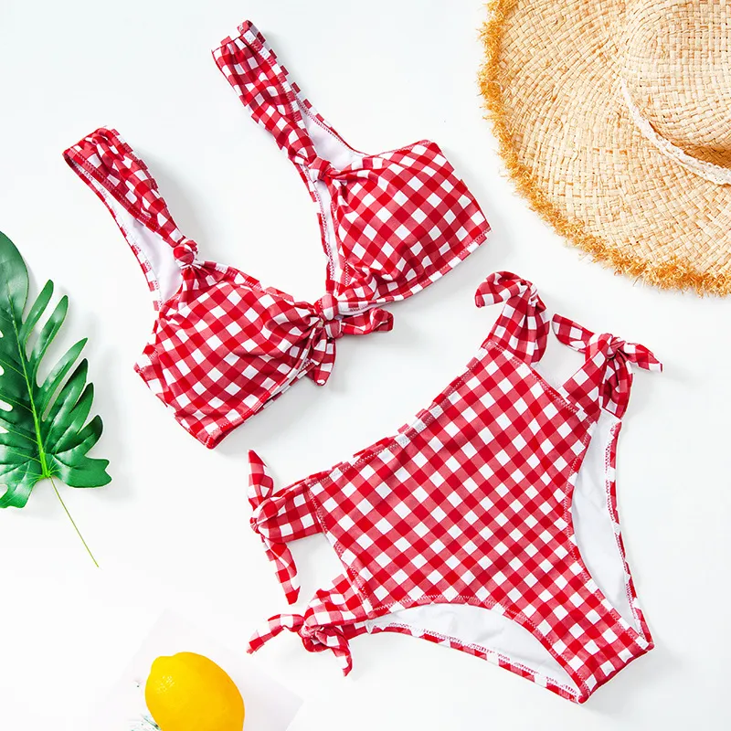 High waist split polka dot swimsuit - Red