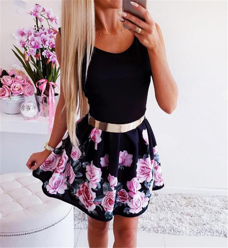 Women's round neck waist up rose print dress