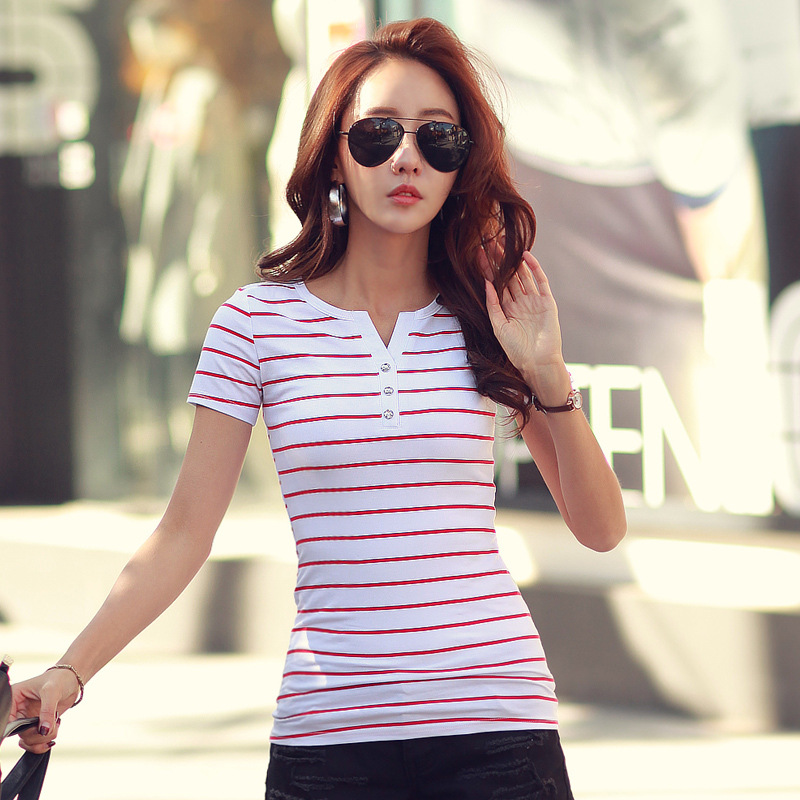 Small V-neck button stripe short sleeve