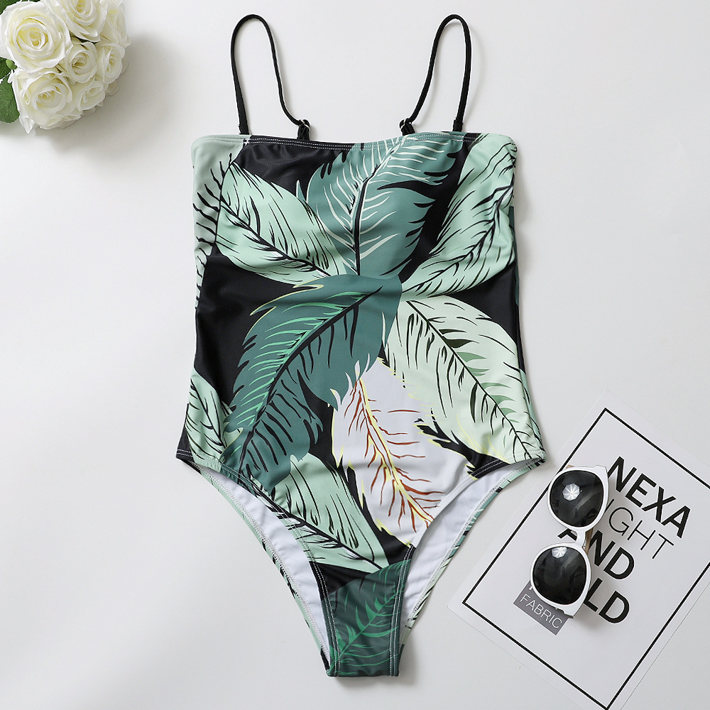 Green leaf print sexy one-piece swimsuit