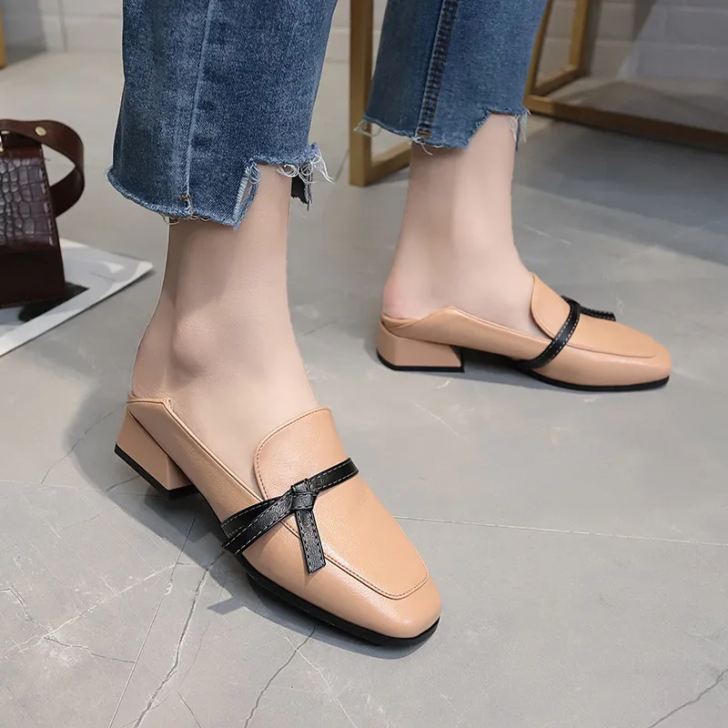 Thick heel square head bow single shoes - Apricot