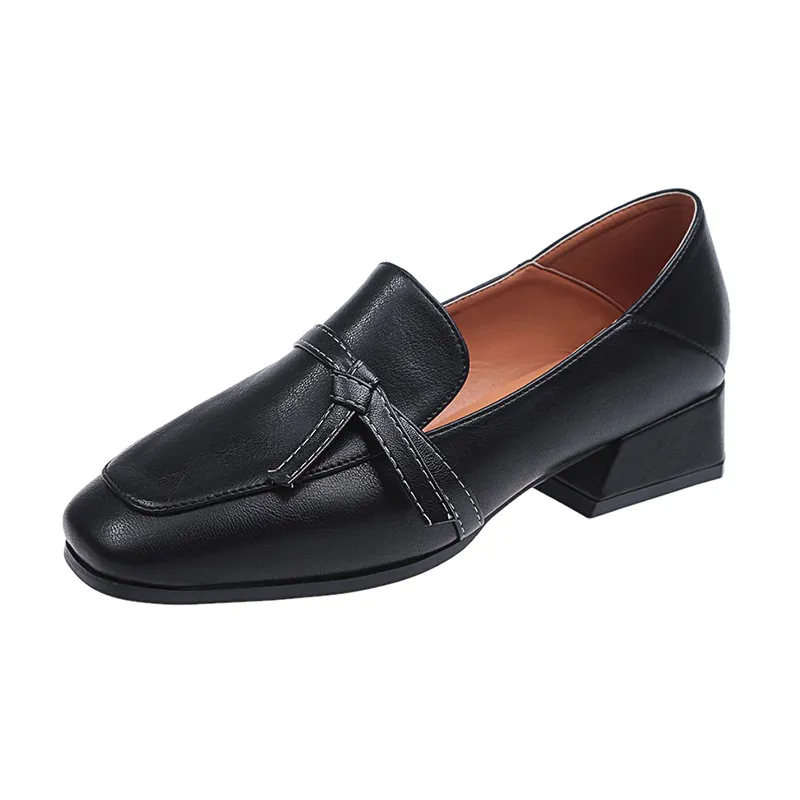 Thick heel square head bow single shoes - Black