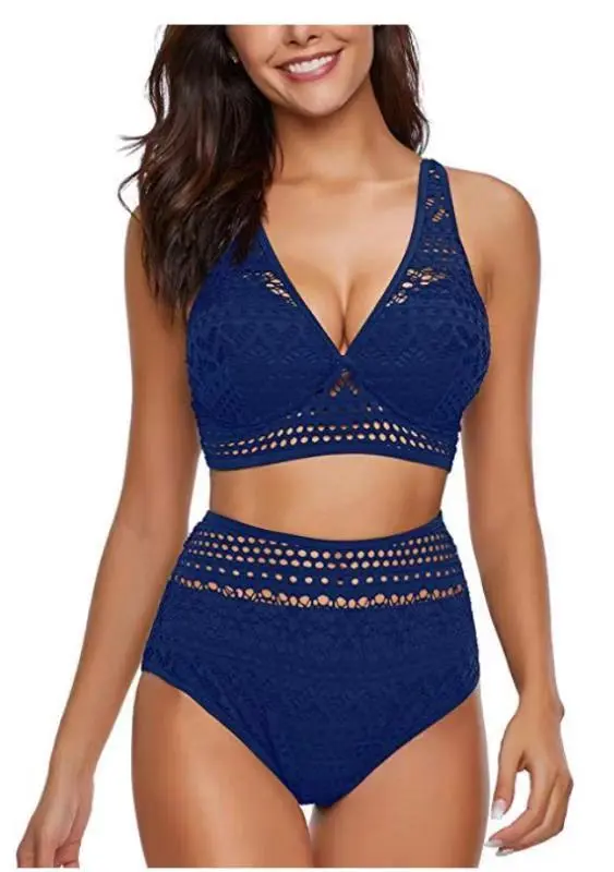 One piece high waist cutout lace bikini Blue - Shop at LoveMi
