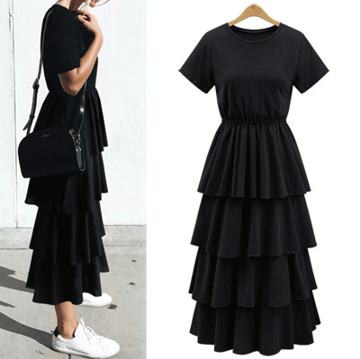 Short sleeve solid color elastic waist cake skirt