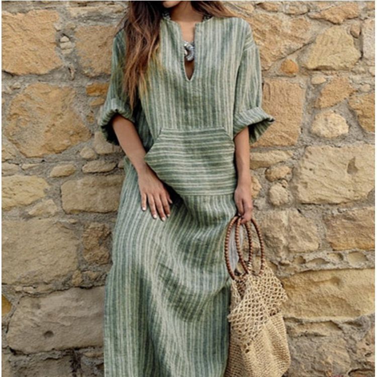 Cotton and linen striped loose long dress