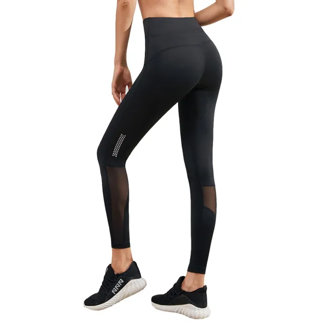 Mesh splicing luminous strip breathable quick drying yoga sports fitness tights Black - Shop at LoveMi