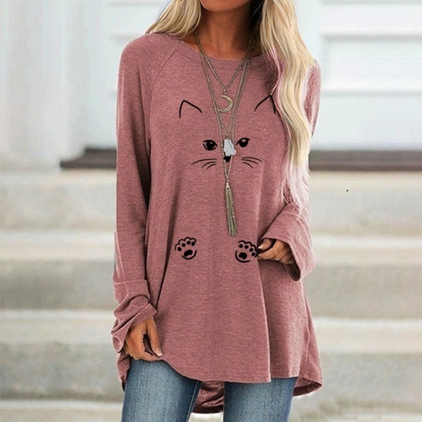 Round neck cat print loose long sleeve T-shirt mid-length