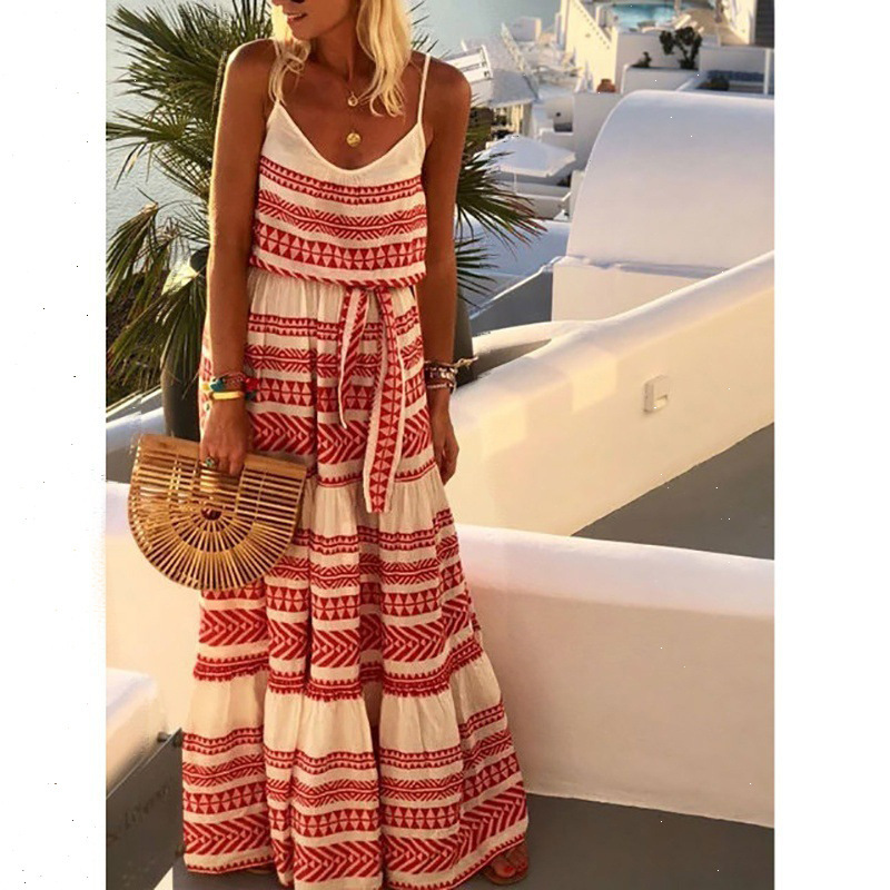 Deep V-neck print suspender beach dress