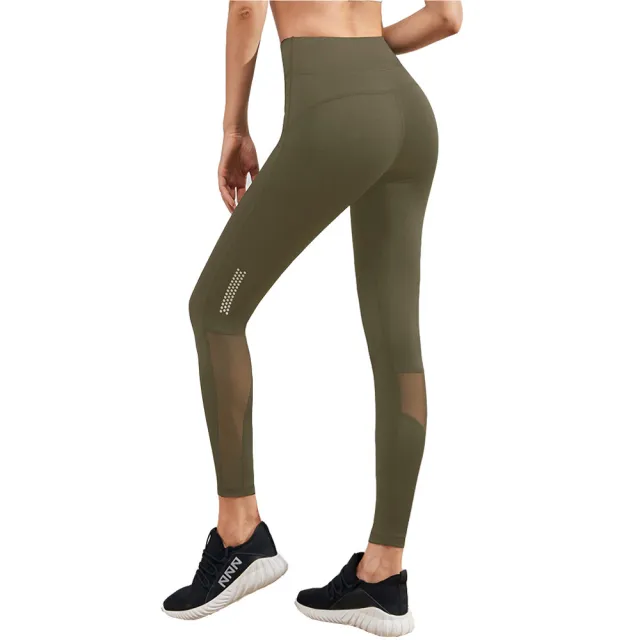 Mesh splicing luminous strip breathable quick drying yoga sports fitness tights Green - Shop at LoveMi