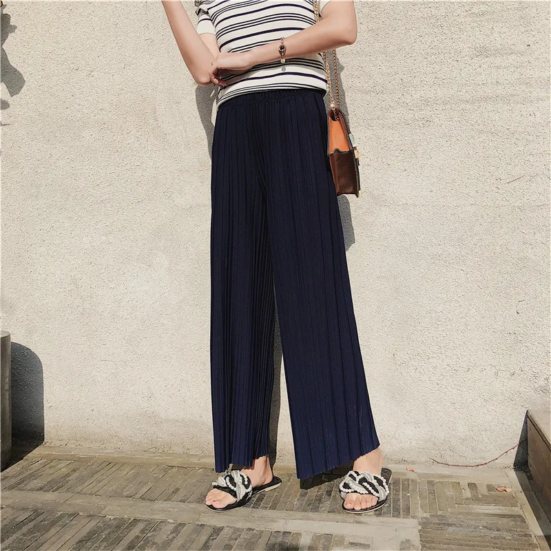 High waist pleated chiffon wide-leg pants - Navy Blue