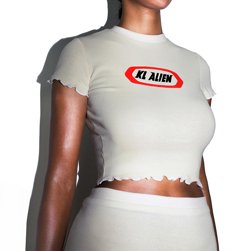 Printed exposed navel top skirt suit