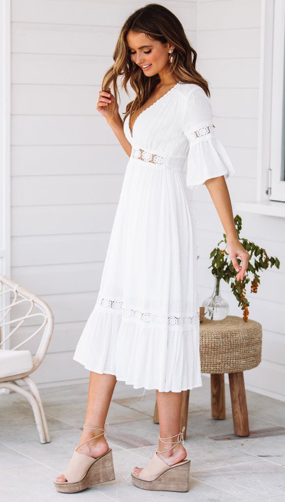 Deep V lace flare sleeve flowing dress