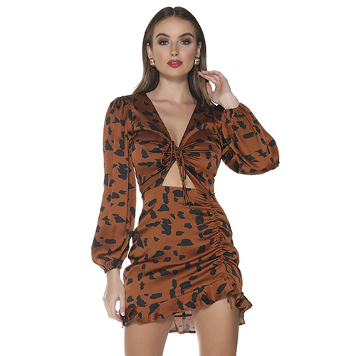 Leopard-print drawstring pleated dress