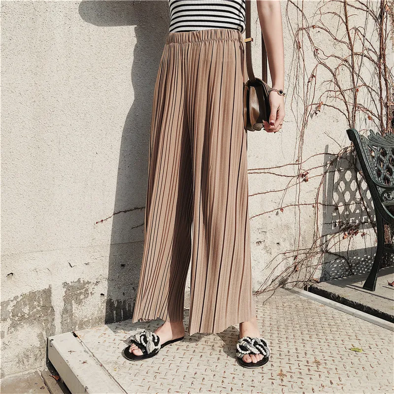 High waist pleated chiffon wide-leg pants - Khaki
