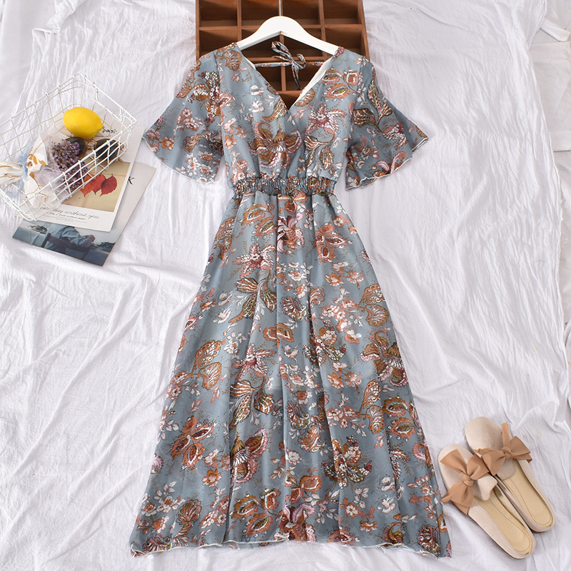 French V-neck dress short sleeve