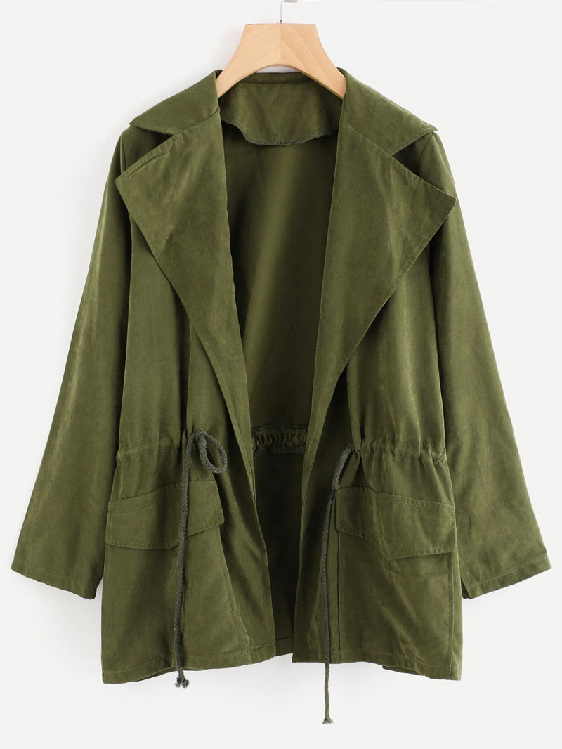 Lapel casual strap windbreaker pocket coat Green - Shop at LoveMi