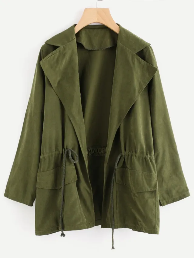 Lapel casual strap windbreaker pocket coat Army Green - Shop at LoveMi