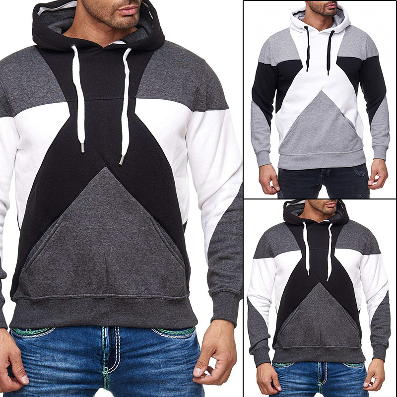 Men's hooded Pullover solid color patchwork sweater