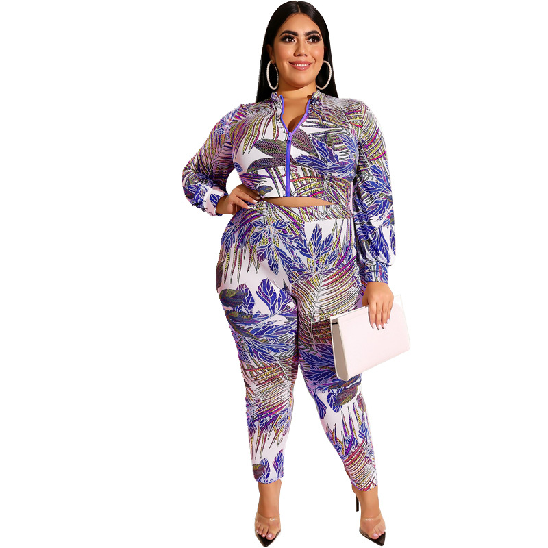 Printed zipper long sleeve trousers casual suit