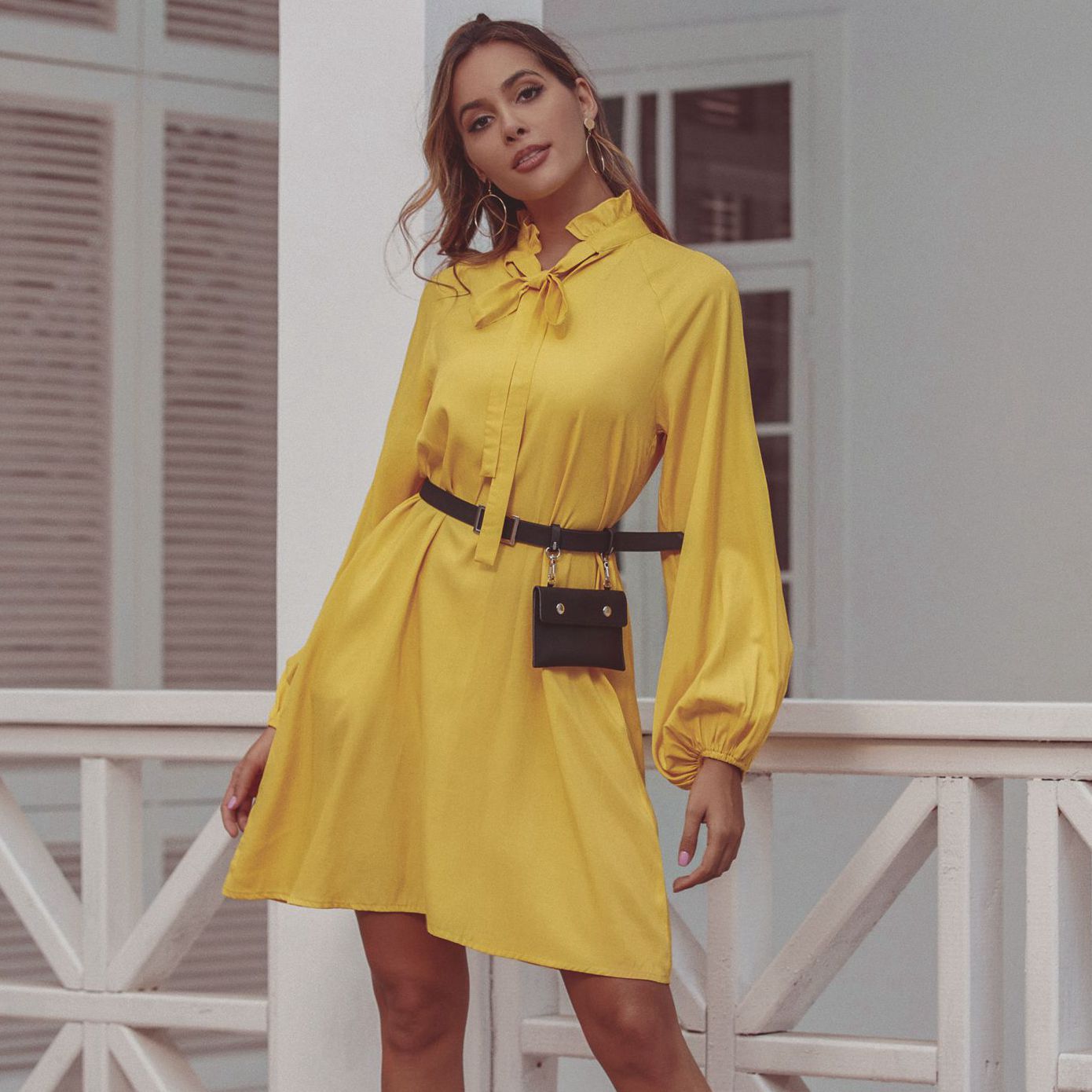 High waist lace up long sleeve sunset yellow knee dress