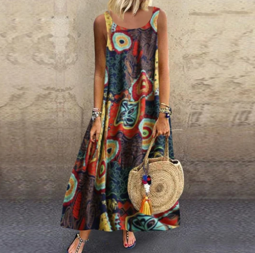 National style retro print dress