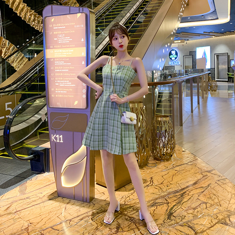 Literary retro green plaid dress