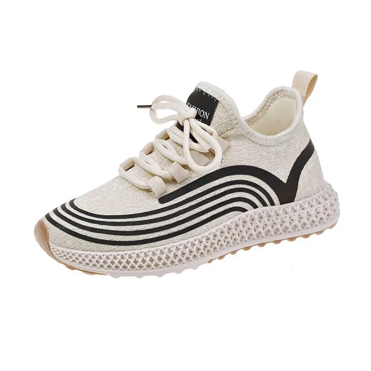 Lace up flat rubber round head mesh sneaker - Beige