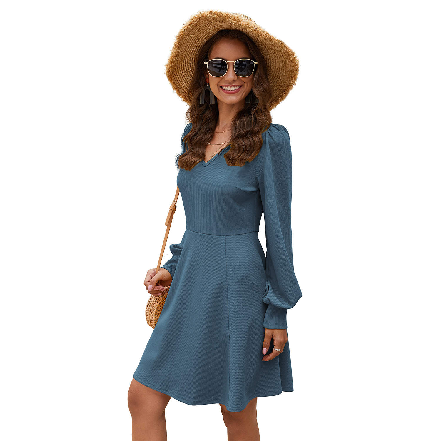 V-neck solid long sleeve waistband dress