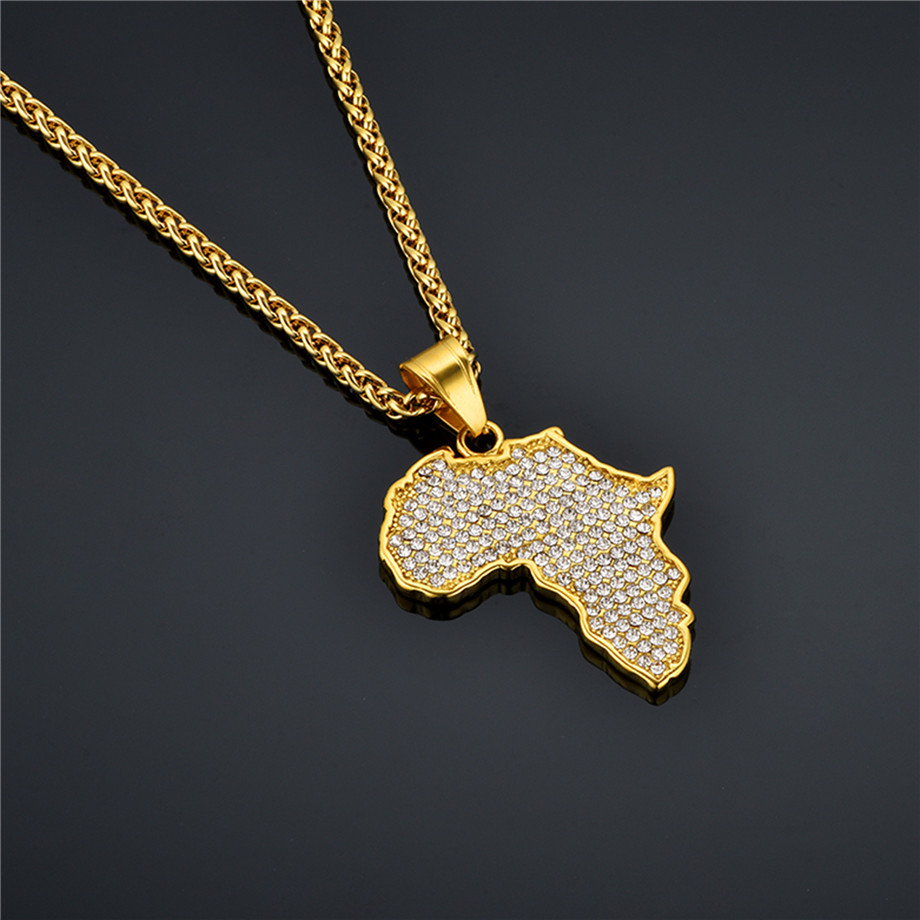 Titanium Steel Gold-plated Diamond African Map Pendant