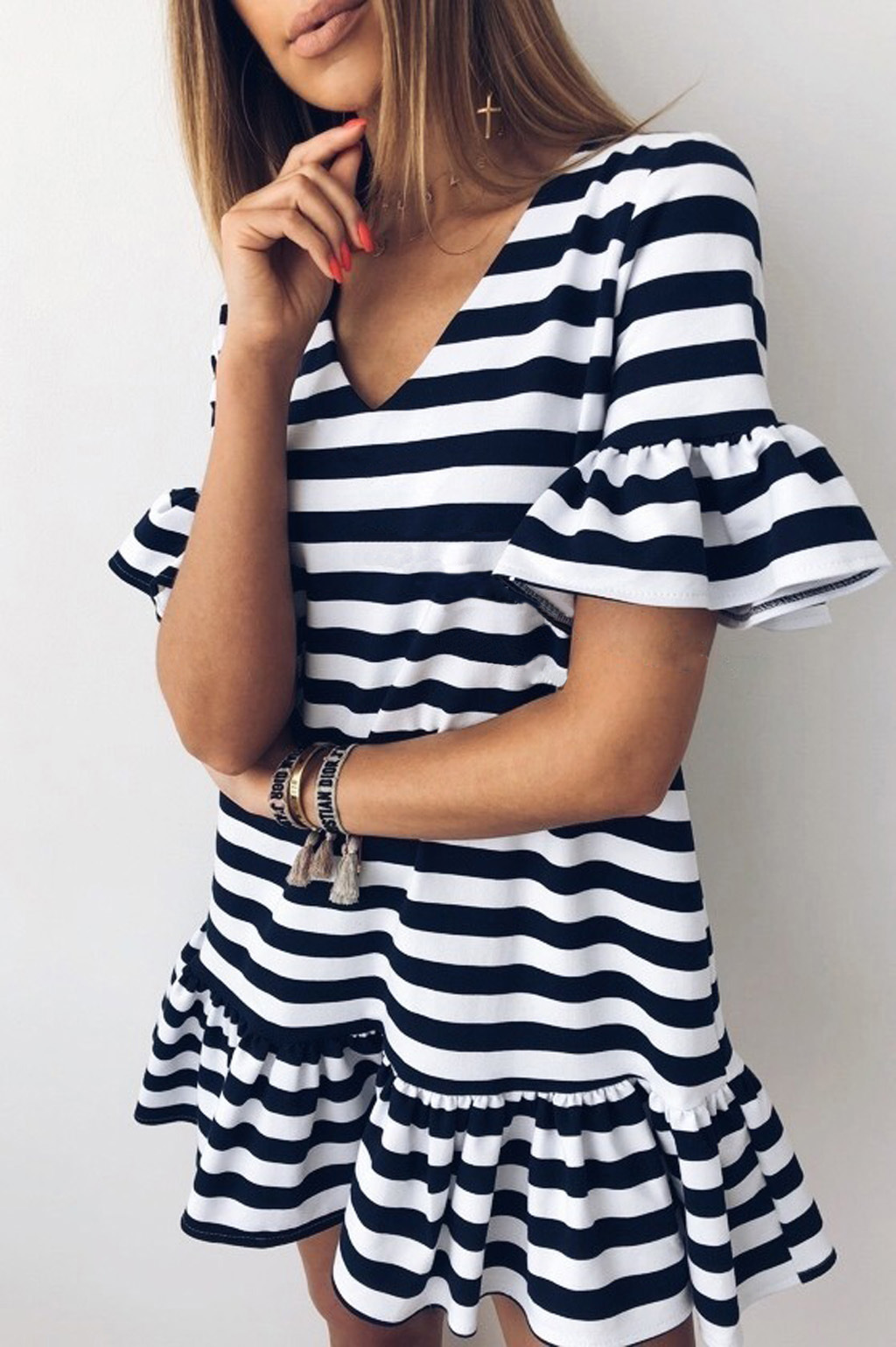 Ladies fashion V-neck striped dress