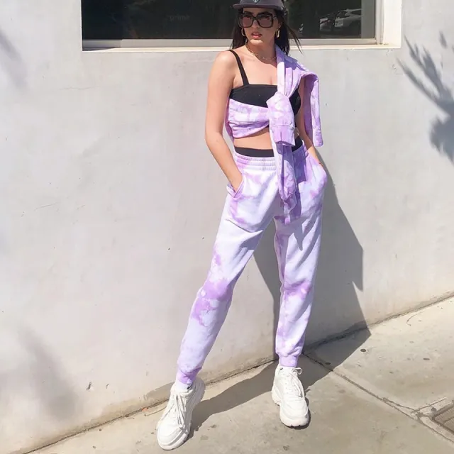 Elasticated high waist rainbow color slim casual pants Pink - Shop at LoveMi