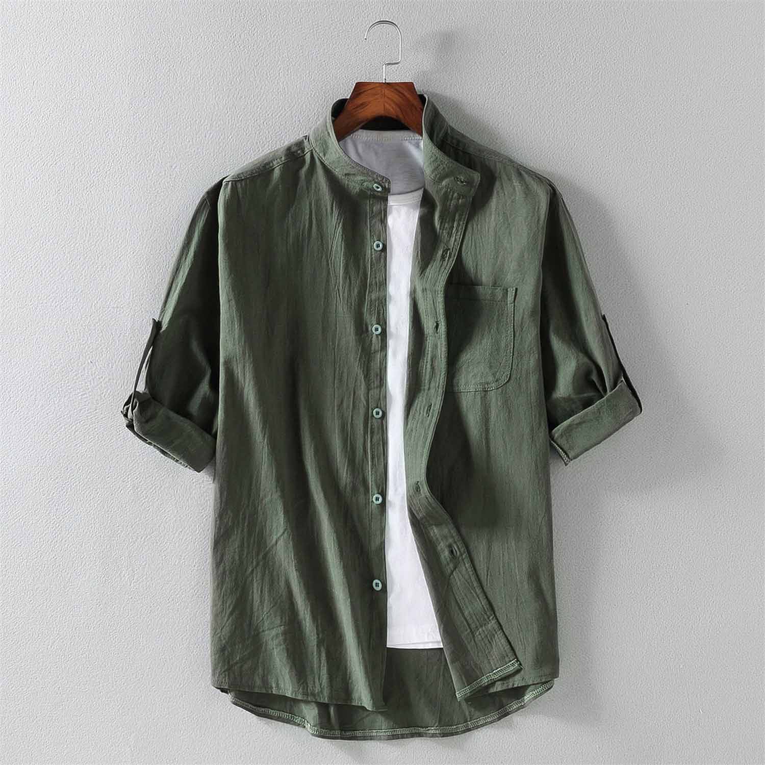 Linen five-point sleeve shirt