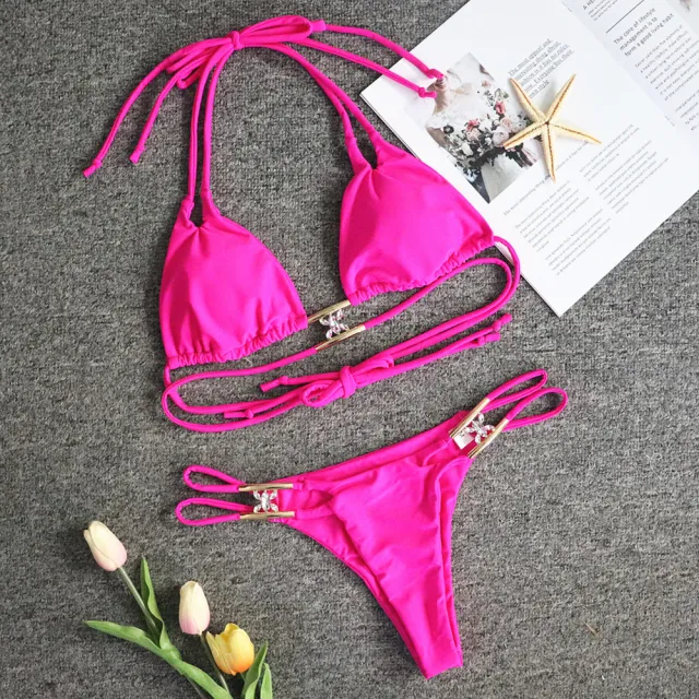 Crystal diamond solid color strap bikini Red - Shop at LoveMi