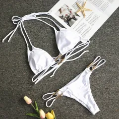 Crystal diamond solid color strap bikini - White - View 1
