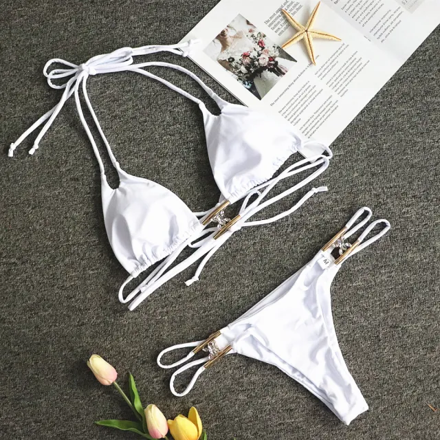 Crystal diamond solid color strap bikini White - Shop at LoveMi