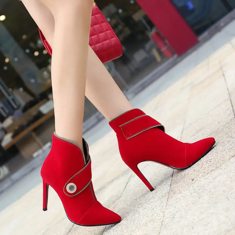 High-heel belt buckle ankle boots