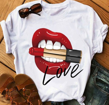Short-sleeved t-shirt female lips print bottoming shirt