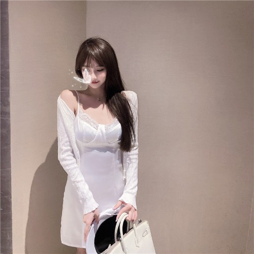 Sling dress + cutout knitted cardigan