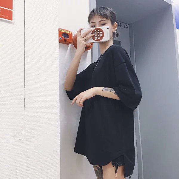 Hem slit loose large size short sleeves