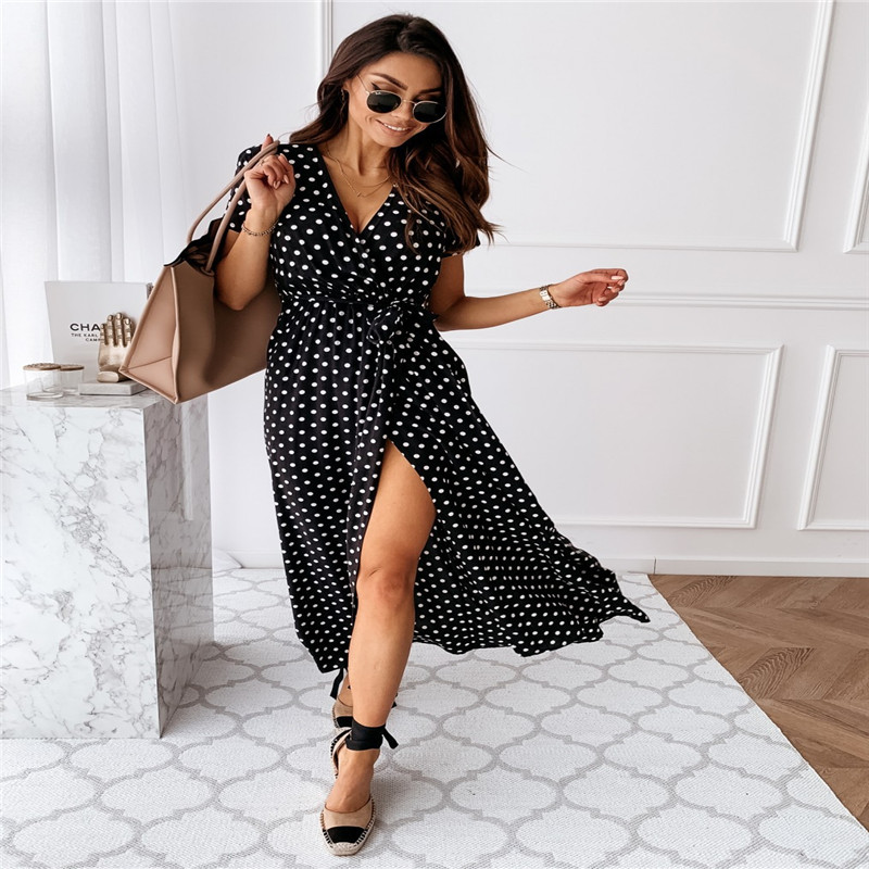 V-neck Bohemian Polka Dot Print Dress Long Skirt