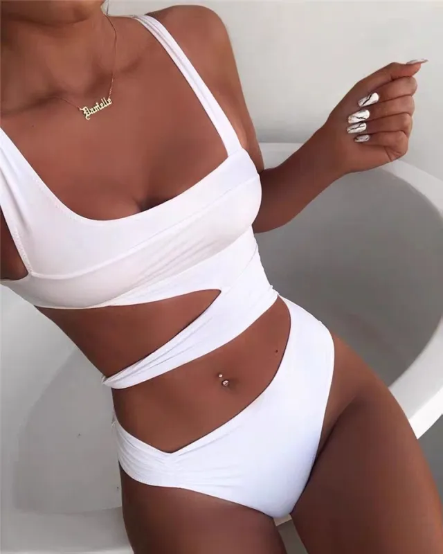 Irregular stitching exposed umbilical jumpsuit White - Shop at LoveMi
