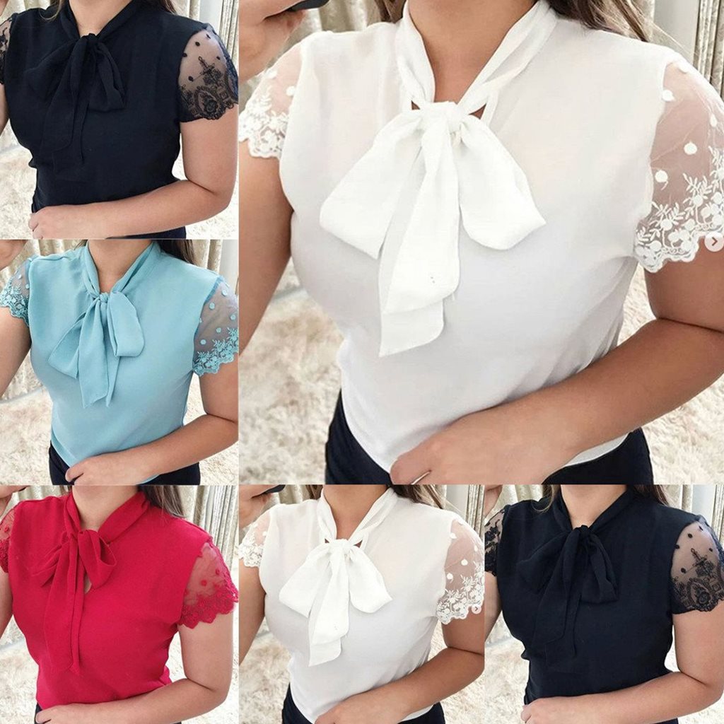 Bow tie lace stitching short sleeve top