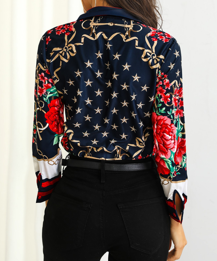 Long sleeve shirt with floral print chain