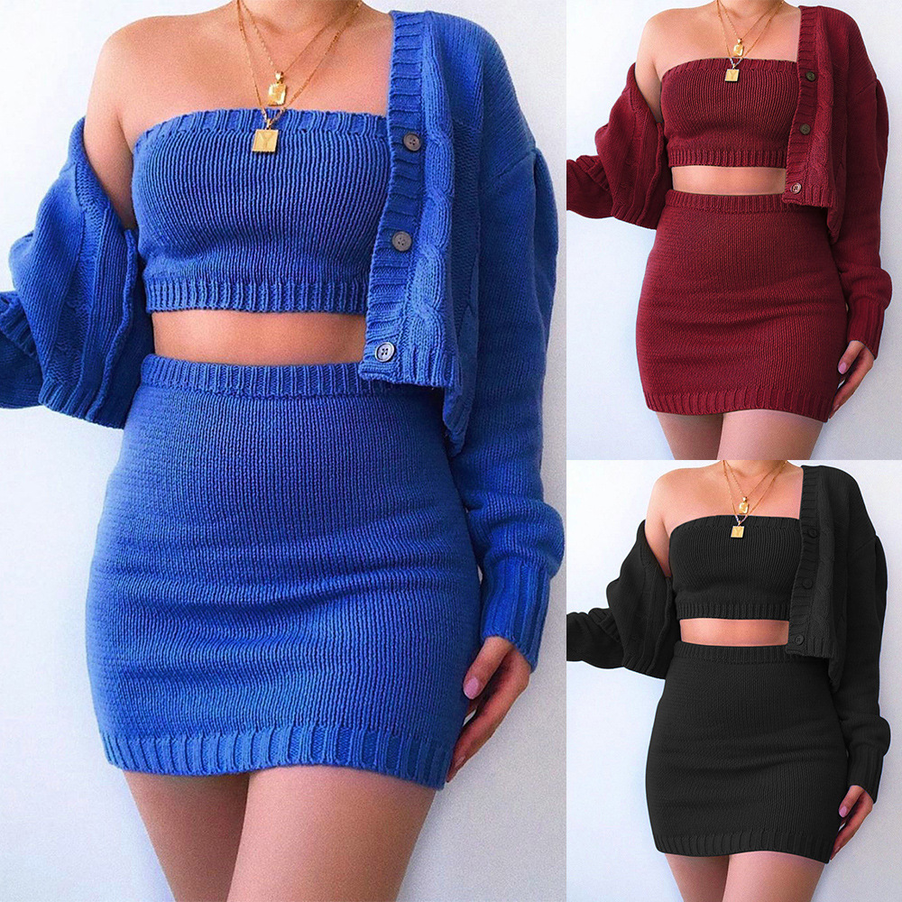 Sweater cardigan short skirt three piece set